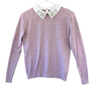Siani Milano SOFT Womens S Lavender Sweater White Peter Pan Collar‎ Rhinestones